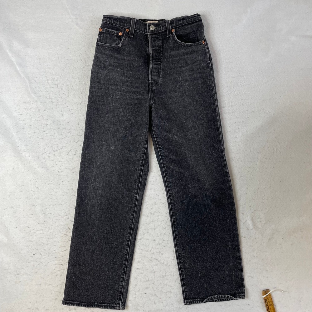 Levi's Ribcage Straight Ankle Jeans Womens 27 Black High Rise Button Fly Denim